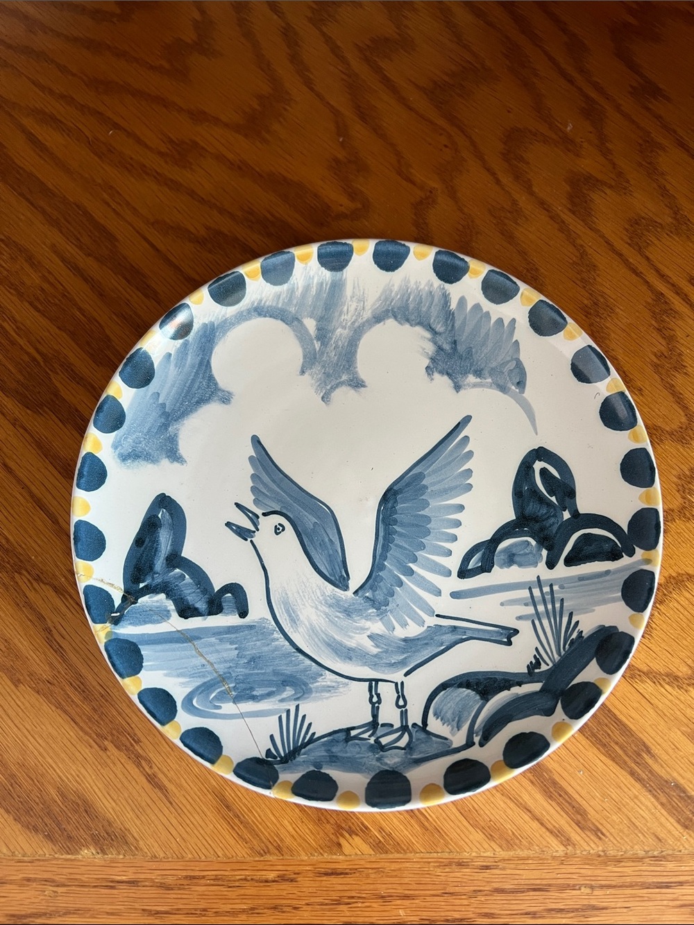 Hand-Painted Blue and White Ceramic Bird Accent Plate